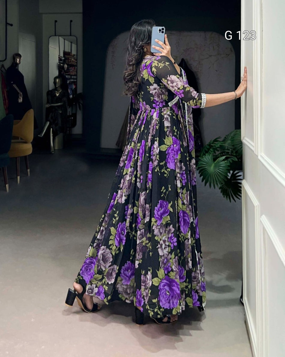Floral Printed Georgette Gown with Peper Mirror Lace Touch Up – G 123 Purple