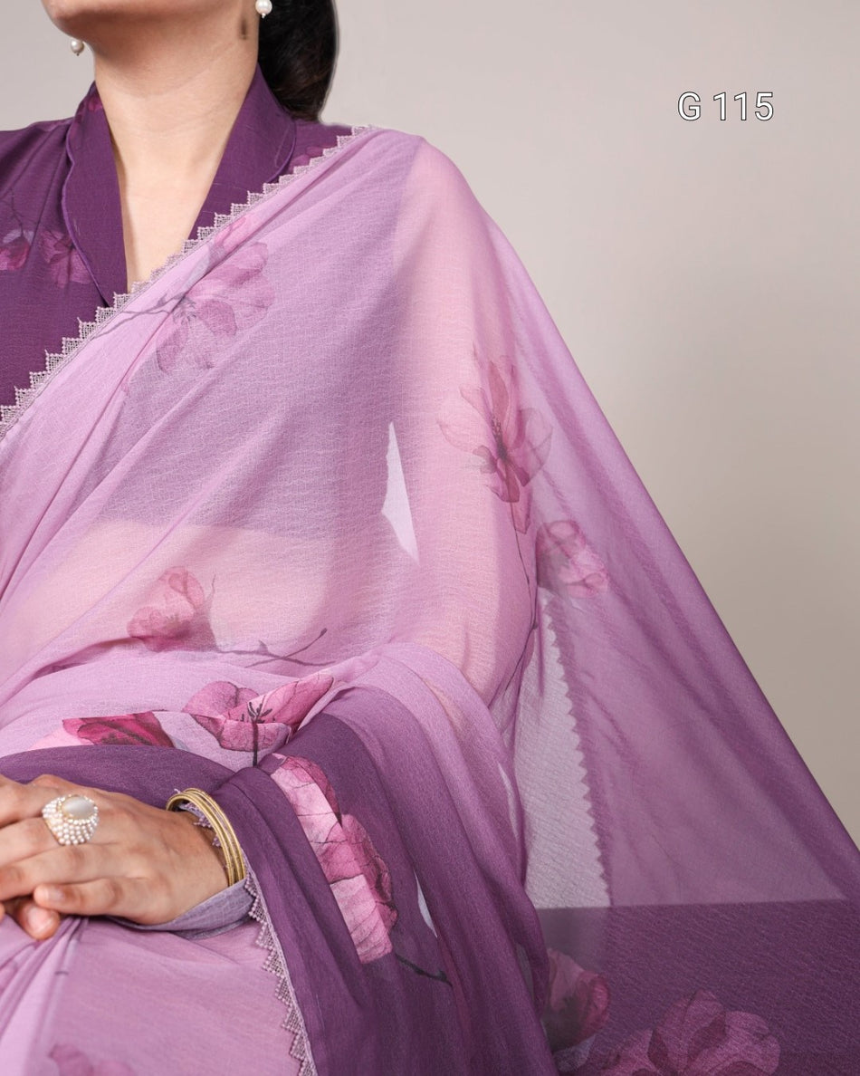 Floral Printed Weightless Marbal Saree with Lace Border – G 115 Purple