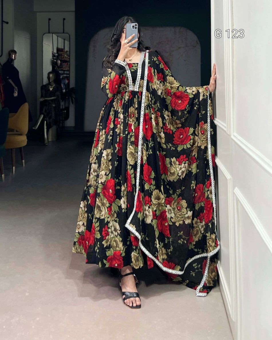 Floral Printed Georgette Gown with Peper Mirror Lace Touch Up – G-123-Red