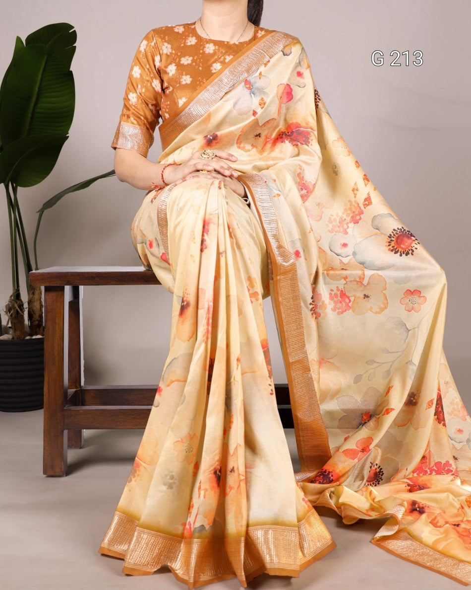 Floral Printed Tussar Silk Saree with Viscose Border – G 213
