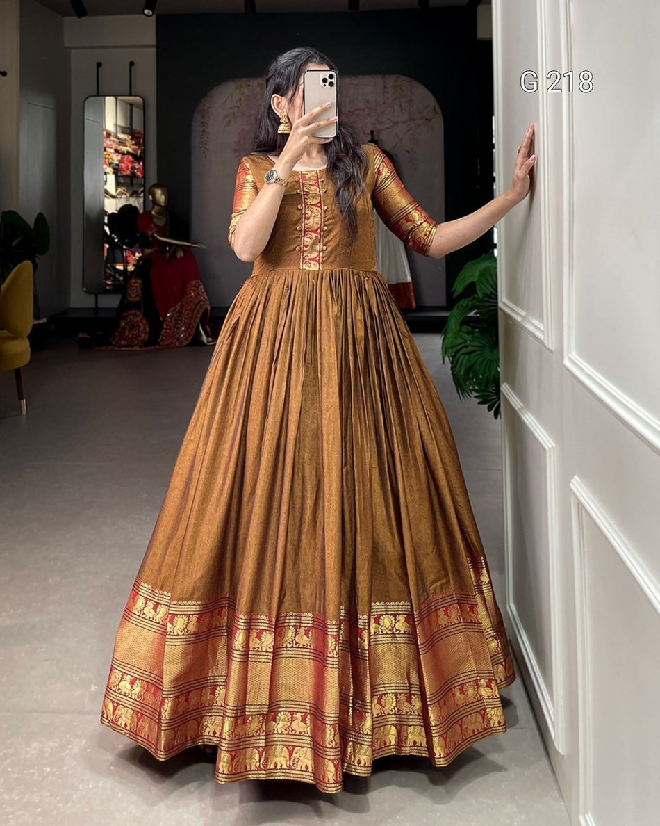 Narayanpet Cotton Gown with Zari Weaving Work – G 218 Mustard