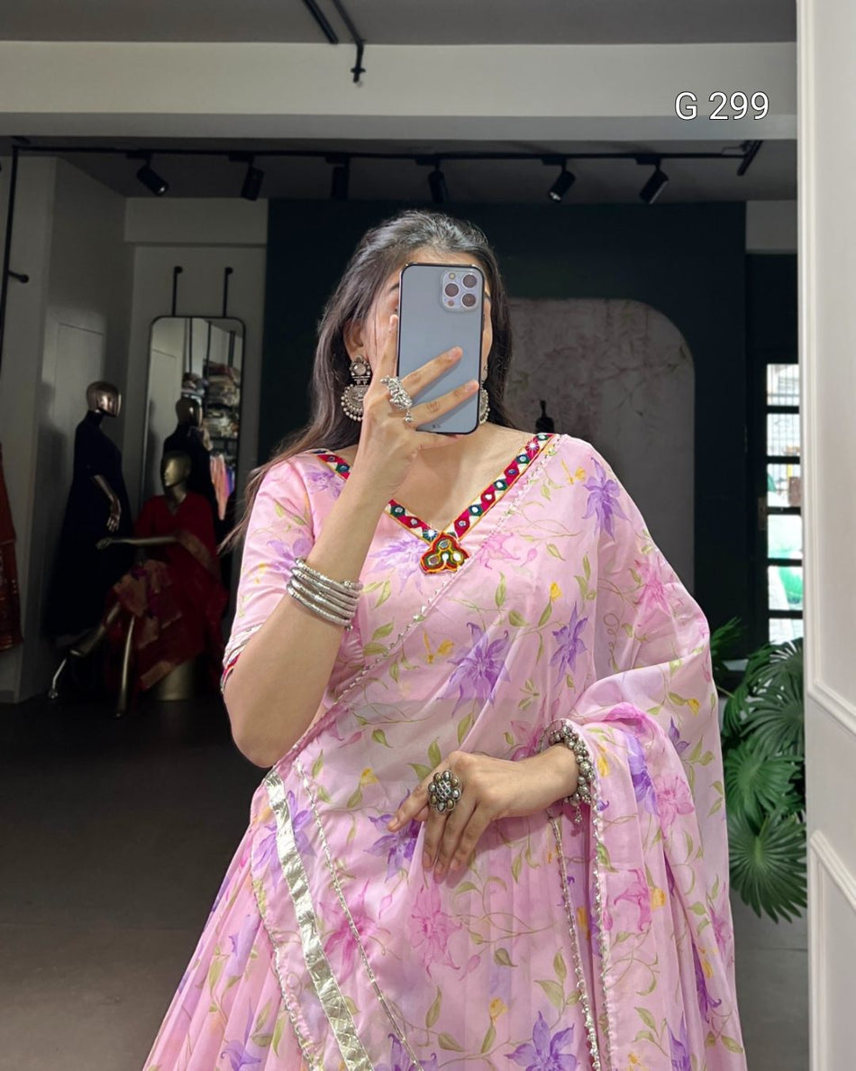 Floral Print Tabby Silk Lehenga with Lace & Mirror Work – G 299