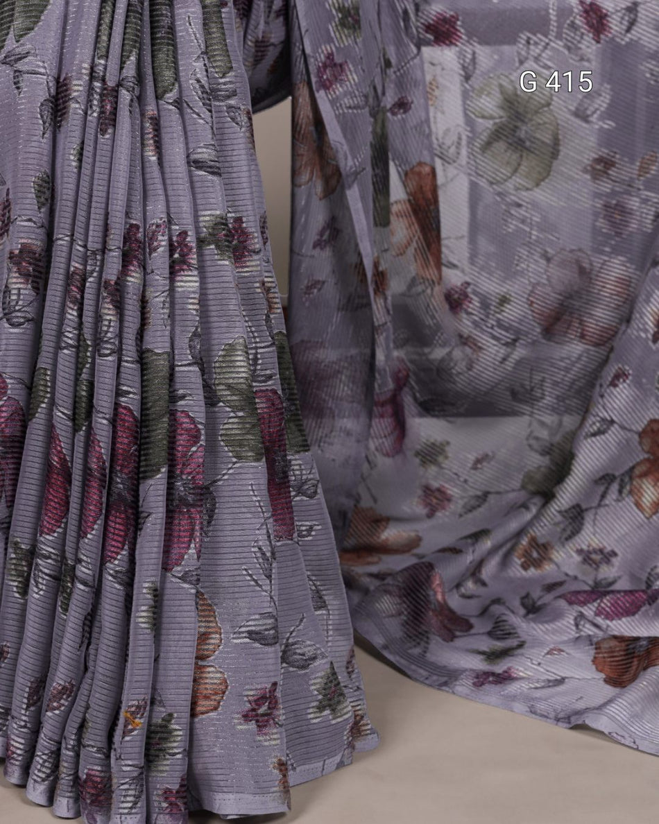Floral Viscose Brasso Saree with Plain Silk Blouse – G 415