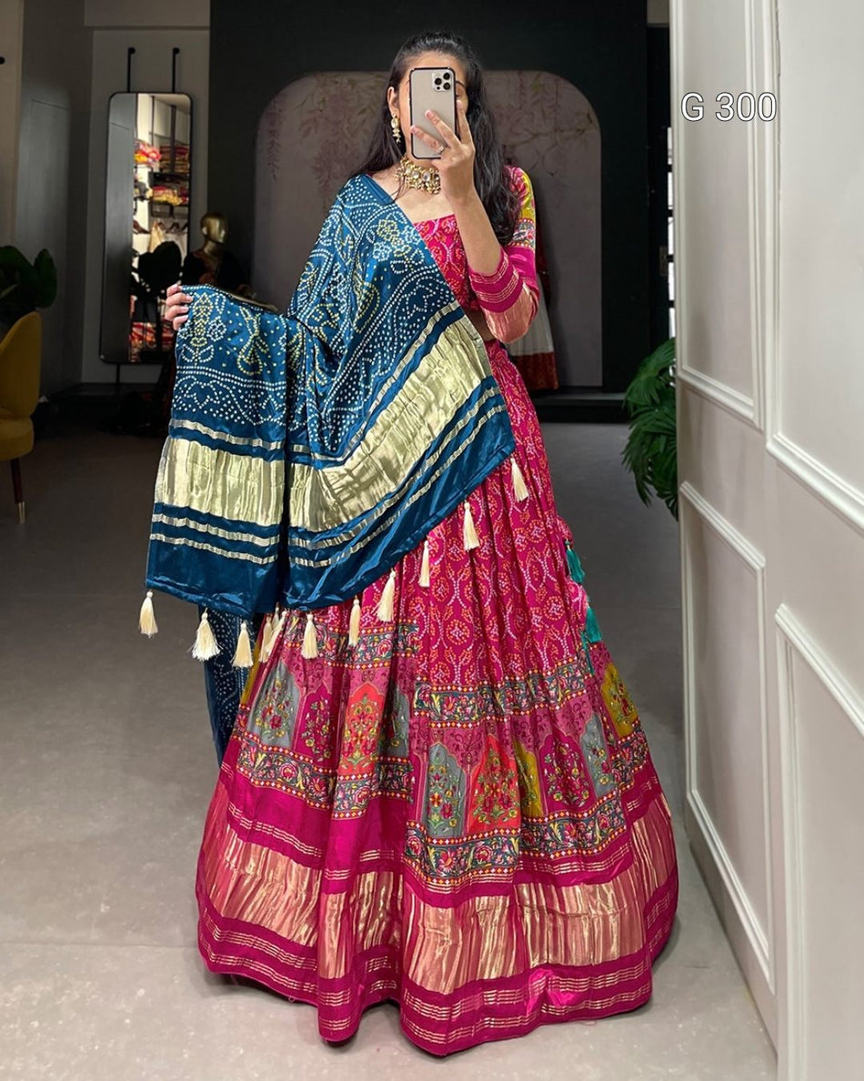 Digital Print Gaji Silk Lehenga with Lagadi Patta & Tassels – G 300