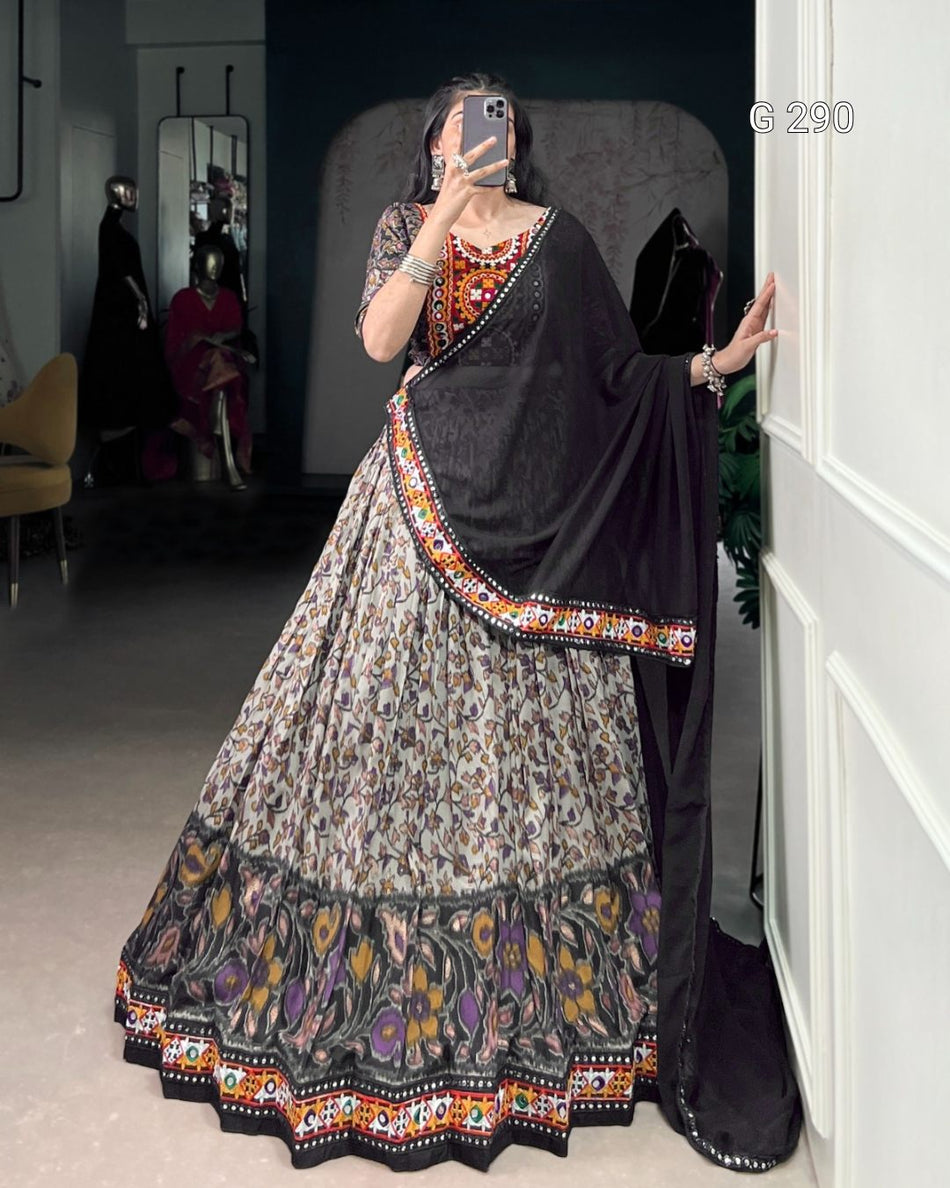 Foil Print Tasar Silk Lehenga with Mirror Gamthi Work & Lace Border – G 290