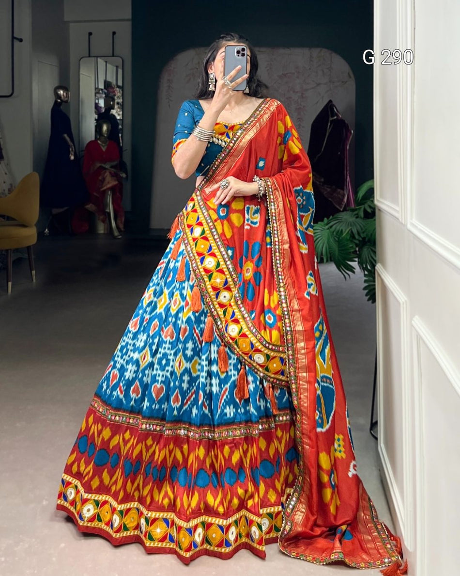 Foil Print Tasar Silk Lehenga with Mirror Gamthi Work & Lace Border – G 290