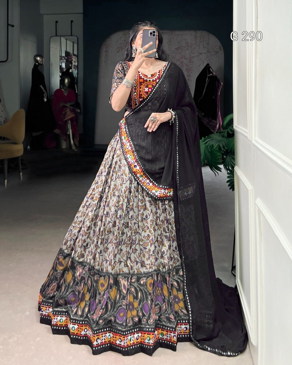 Foil Print Tasar Silk Lehenga with Mirror Gamthi Work & Lace Border – G 290