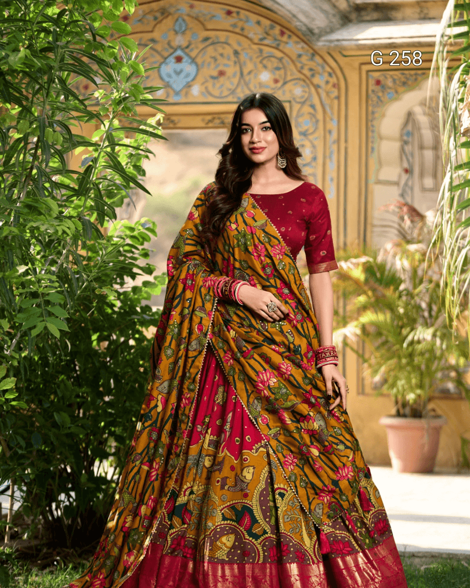 Kalamkari Print Tasar Silk Lehenga with Foil Work Border – G 261