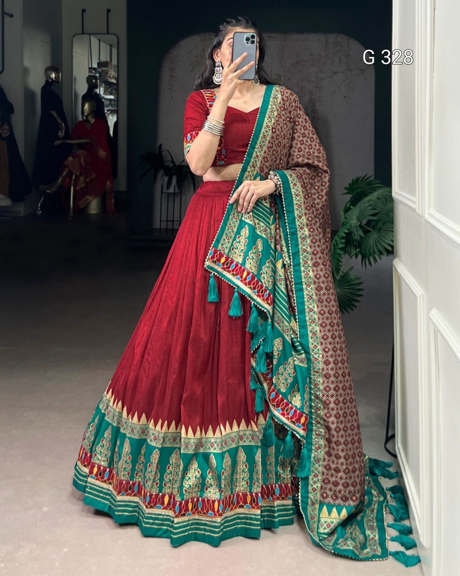 Tasar Silk Lehenga with Foil & Real Mirror Gamthi Work – G 328