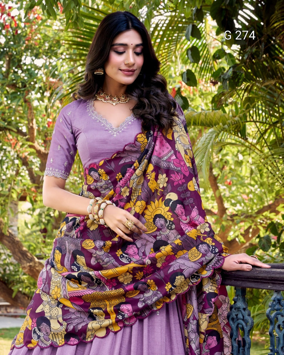 Sequins & Thread Embroidery Vichitra Silk Lehenga with Kalamkari Border – G 274