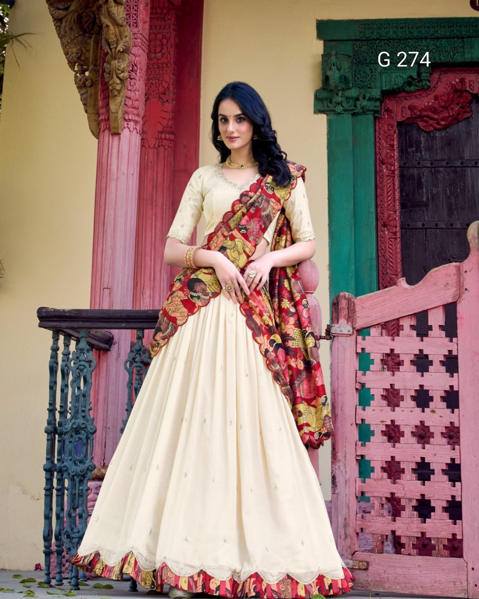 Sequins & Thread Embroidery Vichitra Silk Lehenga with Kalamkari Border – G 274
