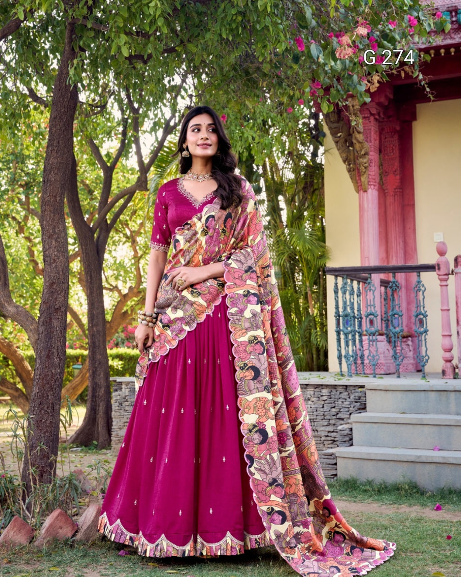 Sequins & Thread Embroidery Vichitra Silk Lehenga with Kalamkari Border – G 274