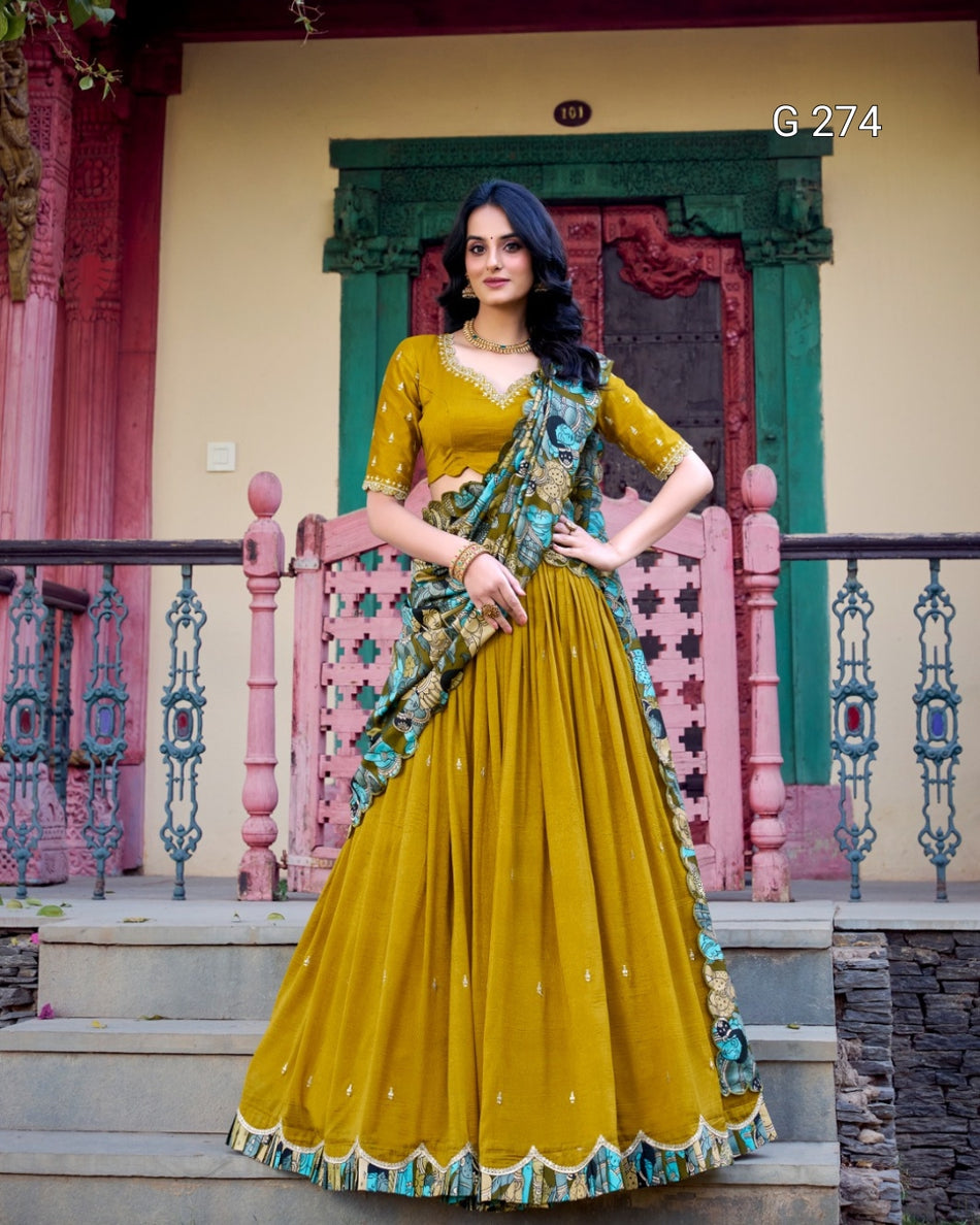 Sequins & Thread Embroidery Vichitra Silk Lehenga with Kalamkari Border – G 274
