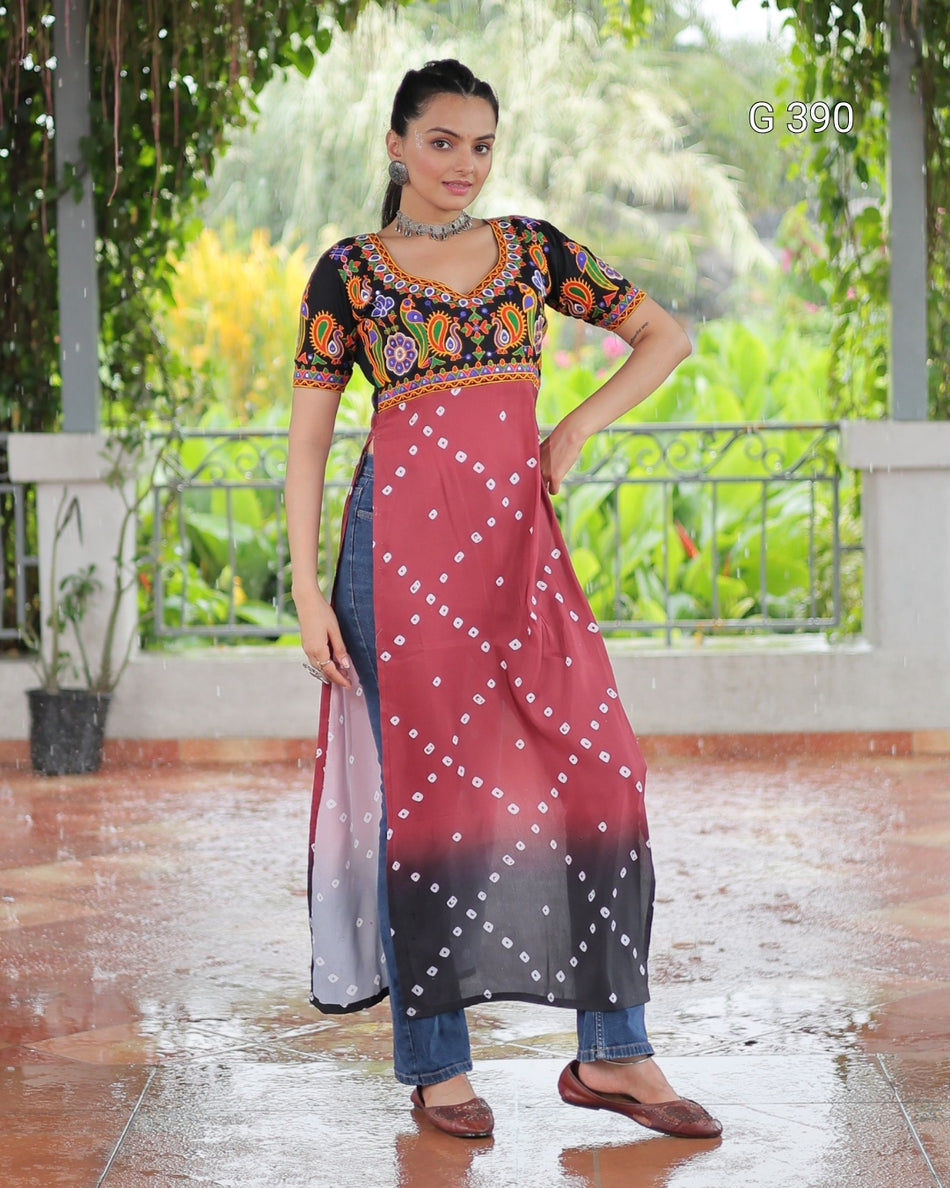 Printed Reyon Kurti with Kutchi Gamthi Work – G 390