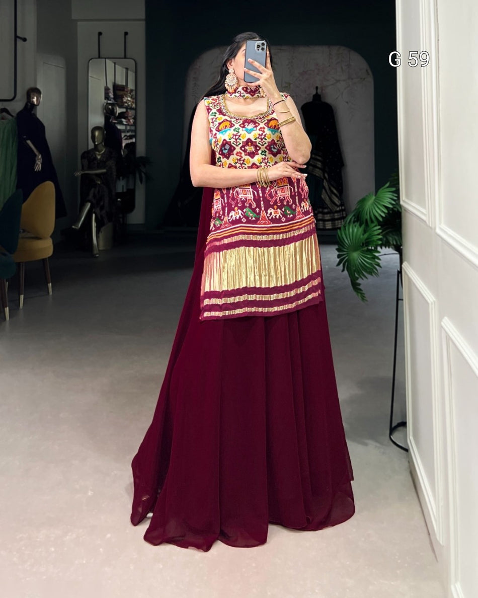 Gaji Silk Top with Printed Handwork & Georgette Plazo – G 59 Off White