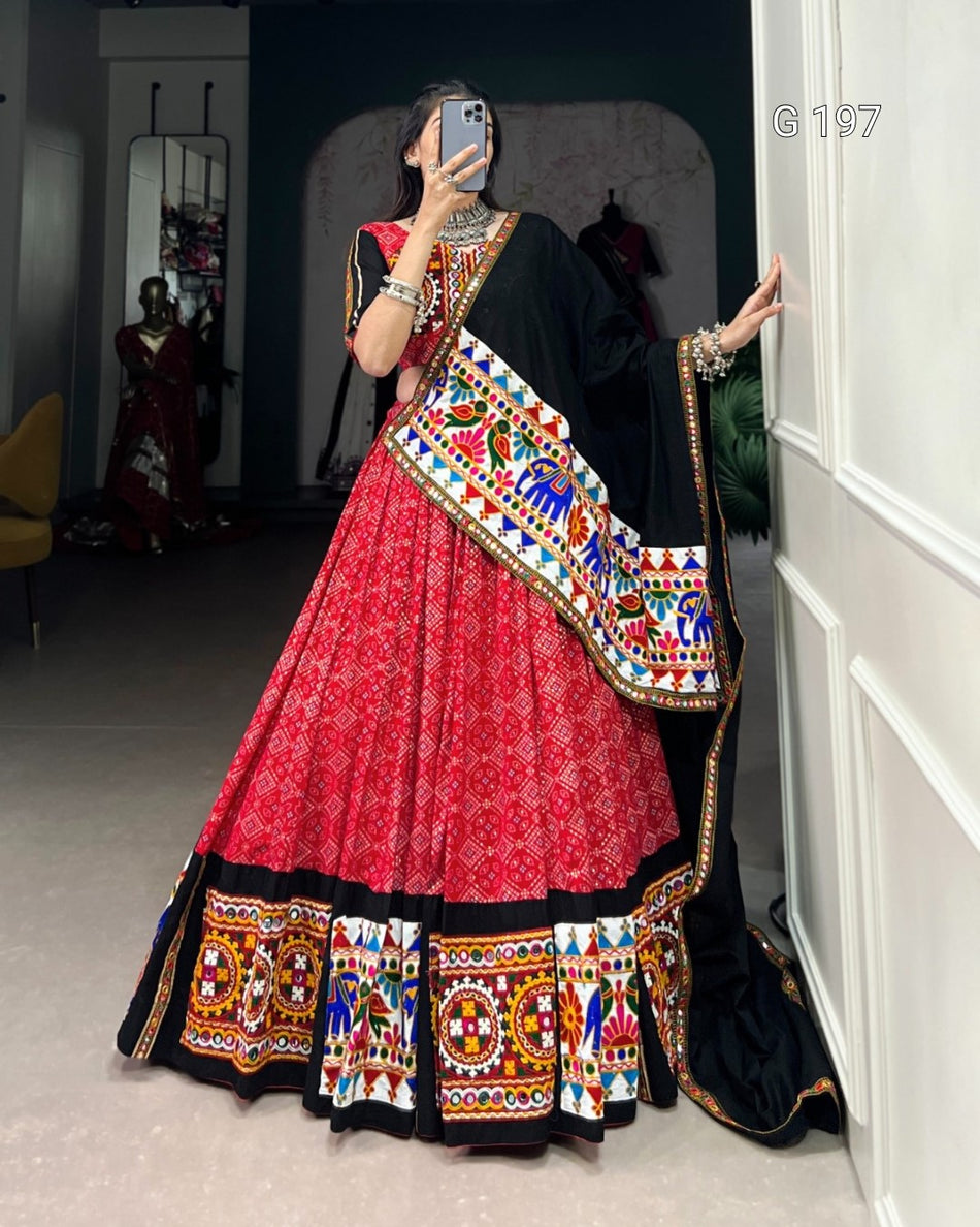 Red Pure Cotton Lehenga with Gamthi & Mirror Work – G 197 Red