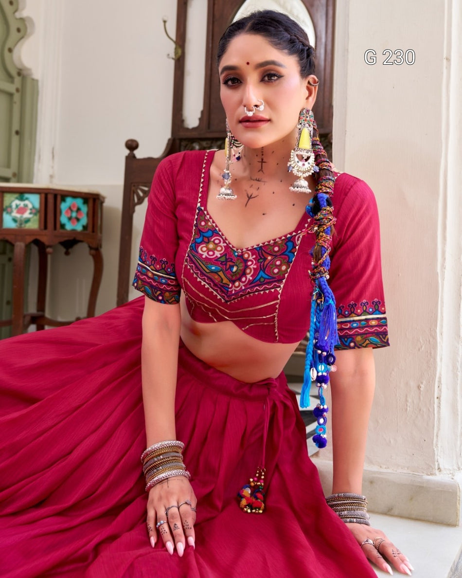 Gamthi Print Tasar Silk Lehenga with Embossed Design & Gotta Patti Lace – G 230 Pink