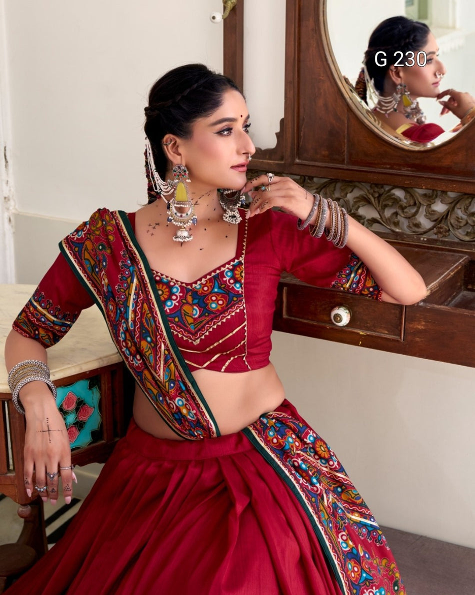 Gamthi Print Tasar Silk Lehenga with Embossed Design & Gotta Patti Lace – G 230 Red