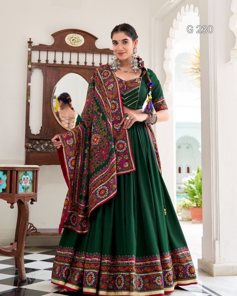 Gamthi Print Tasar Silk Lehenga with Embossed Design & Gotta Patti Lace – G 230 Green