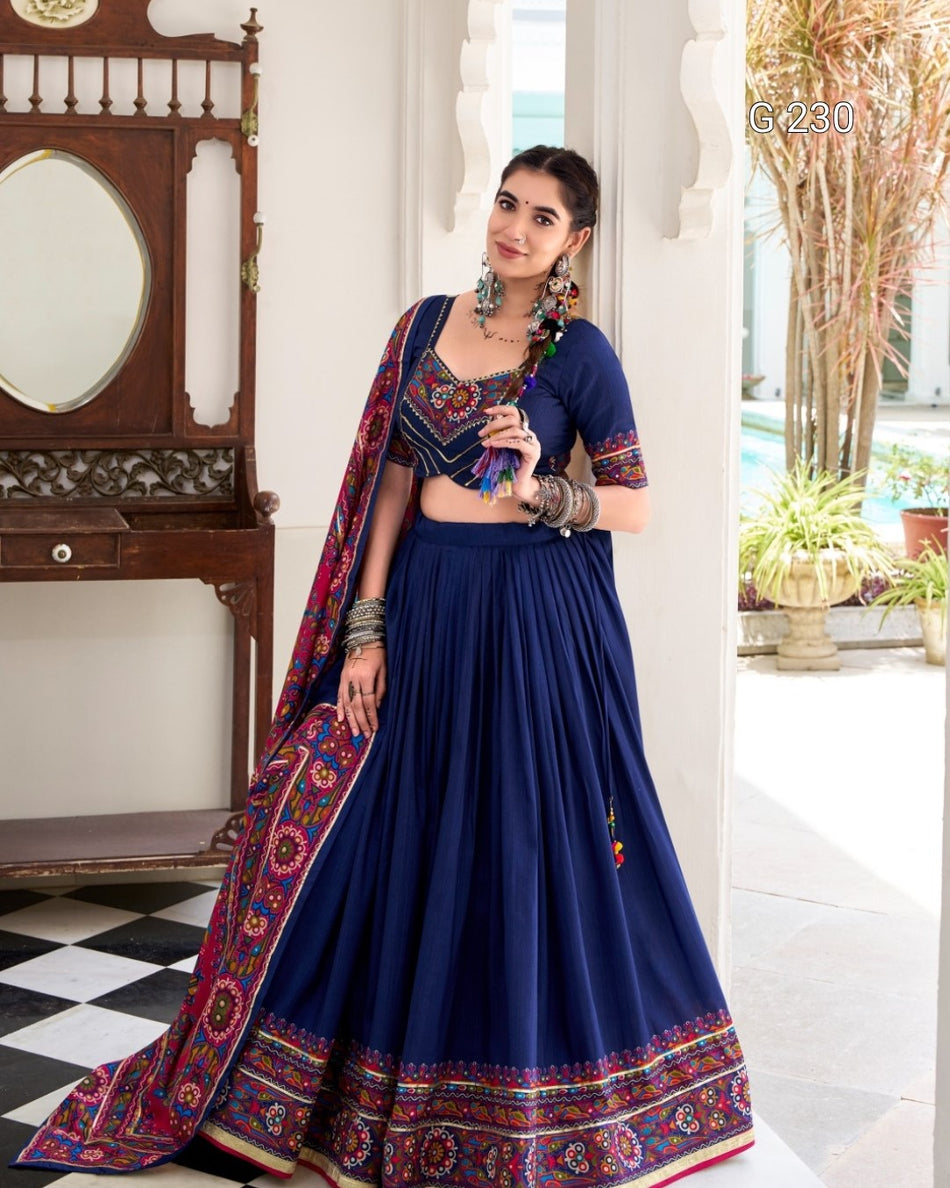 Gamthi Print Tasar Silk Lehenga with Embossed Design & Gotta Patti Lace – G 230