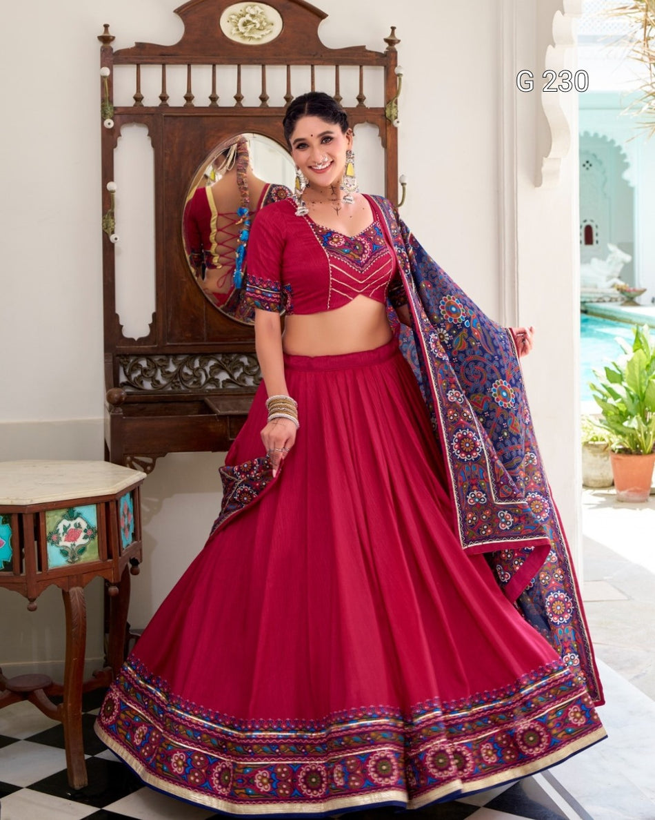 Gamthi Print Tasar Silk Lehenga with Embossed Design & Gotta Patti Lace – G 230 Pink