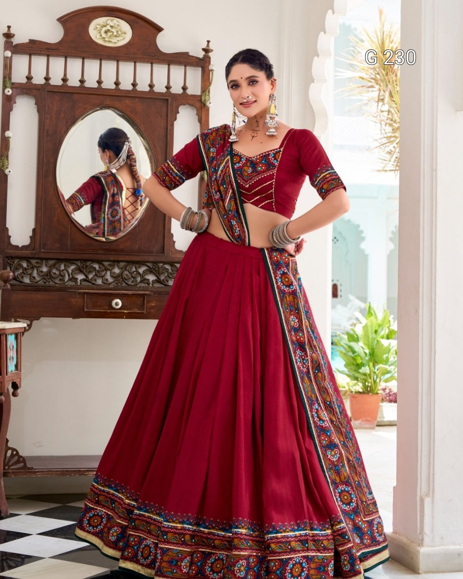 Gamthi Print Tasar Silk Lehenga with Embossed Design & Gotta Patti Lace – G 230