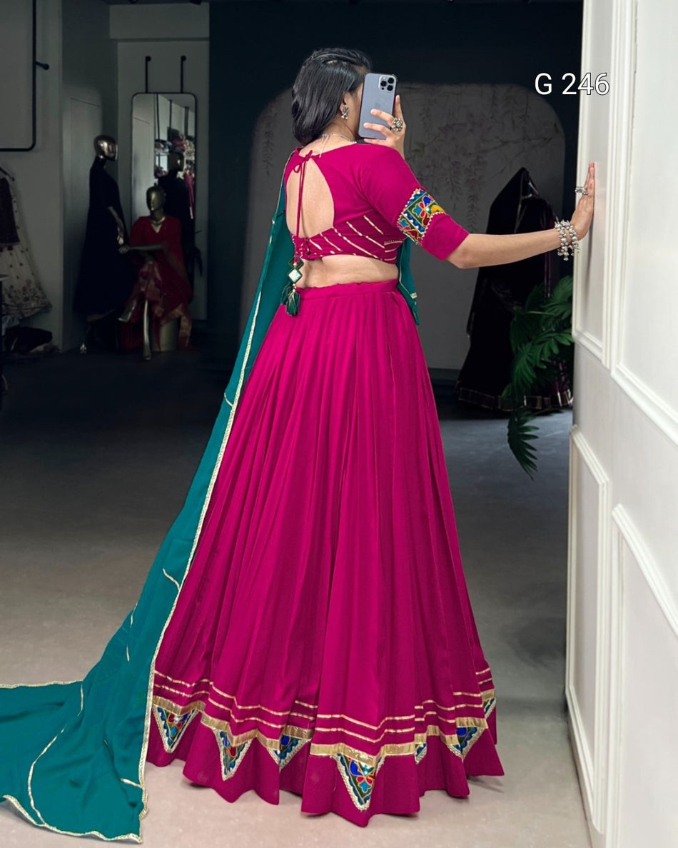 Gamthi Work Pure Rayon Lehenga with Embossed Design and Lace Touch Up – G 246 Pink
