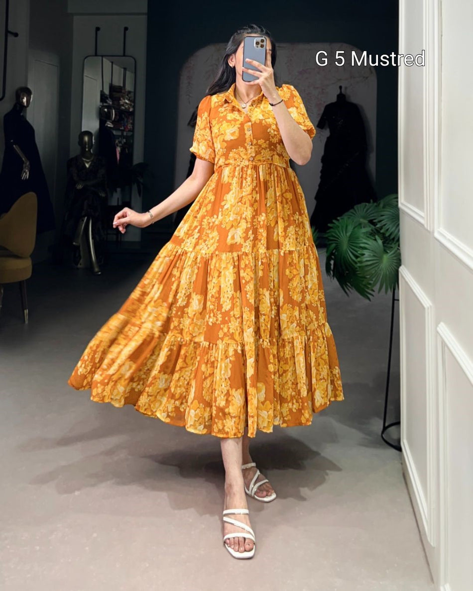 Mustard Georgette Floral Print Frock with Adjustable Waist – G 5 Mustred