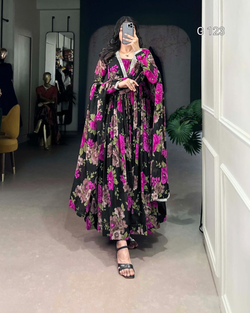 Floral Printed Georgette Gown with Peper Mirror Lace Touch Up – G 123