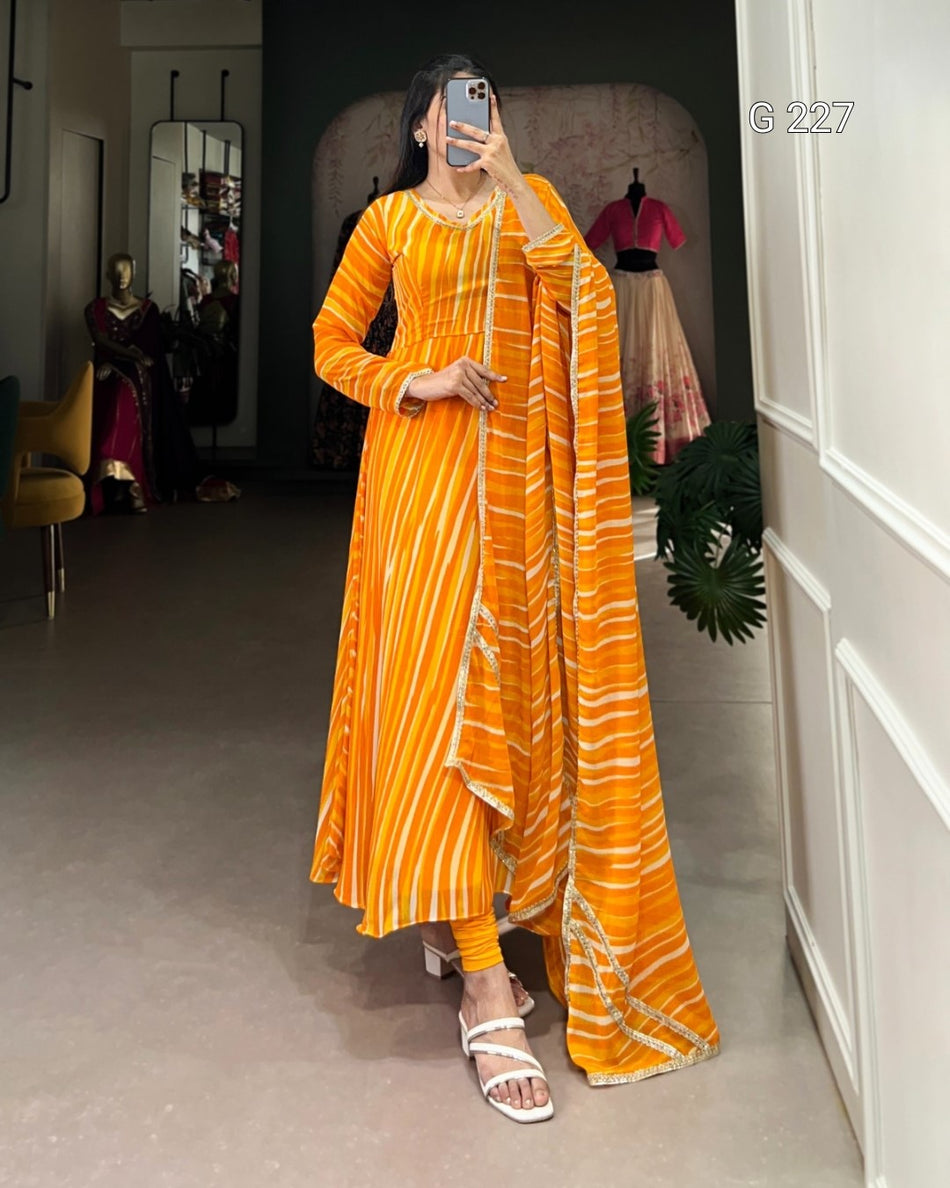 Leheriya Georgette Gown with Lace Touch Up – G 227 Yellow