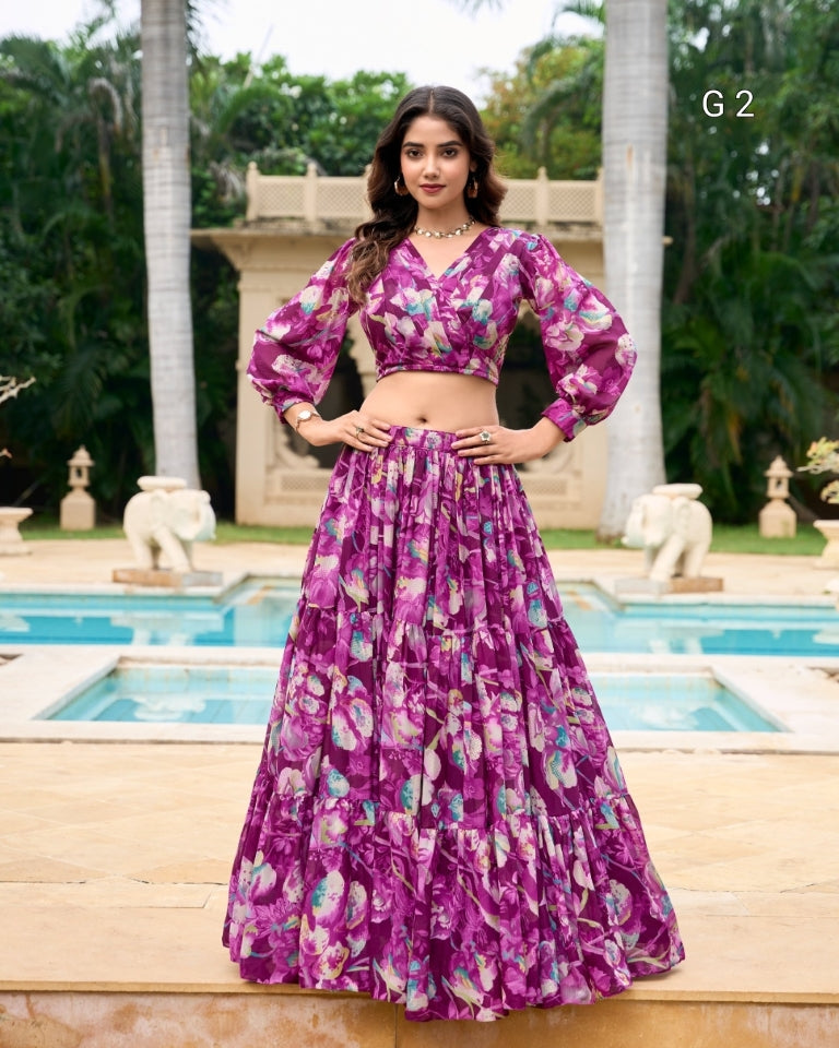 Wine Floral Print Georgette Lehenga with Stitched Blouse – G 2 Wine