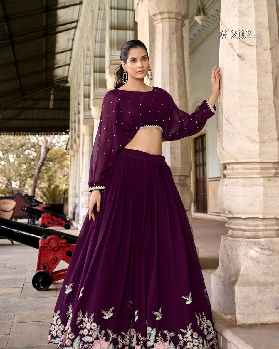 Wine Georgette Lehenga with Sequins and Thread Embroidery Work, Sequins Butties Top – G 202 Wine