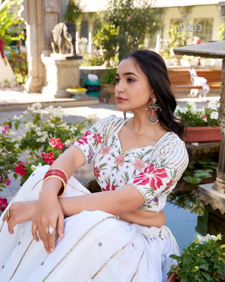 Georgette Lehenga with Sequins and Thread Embroidery, Embossed Lace Blouse – G 203 White
