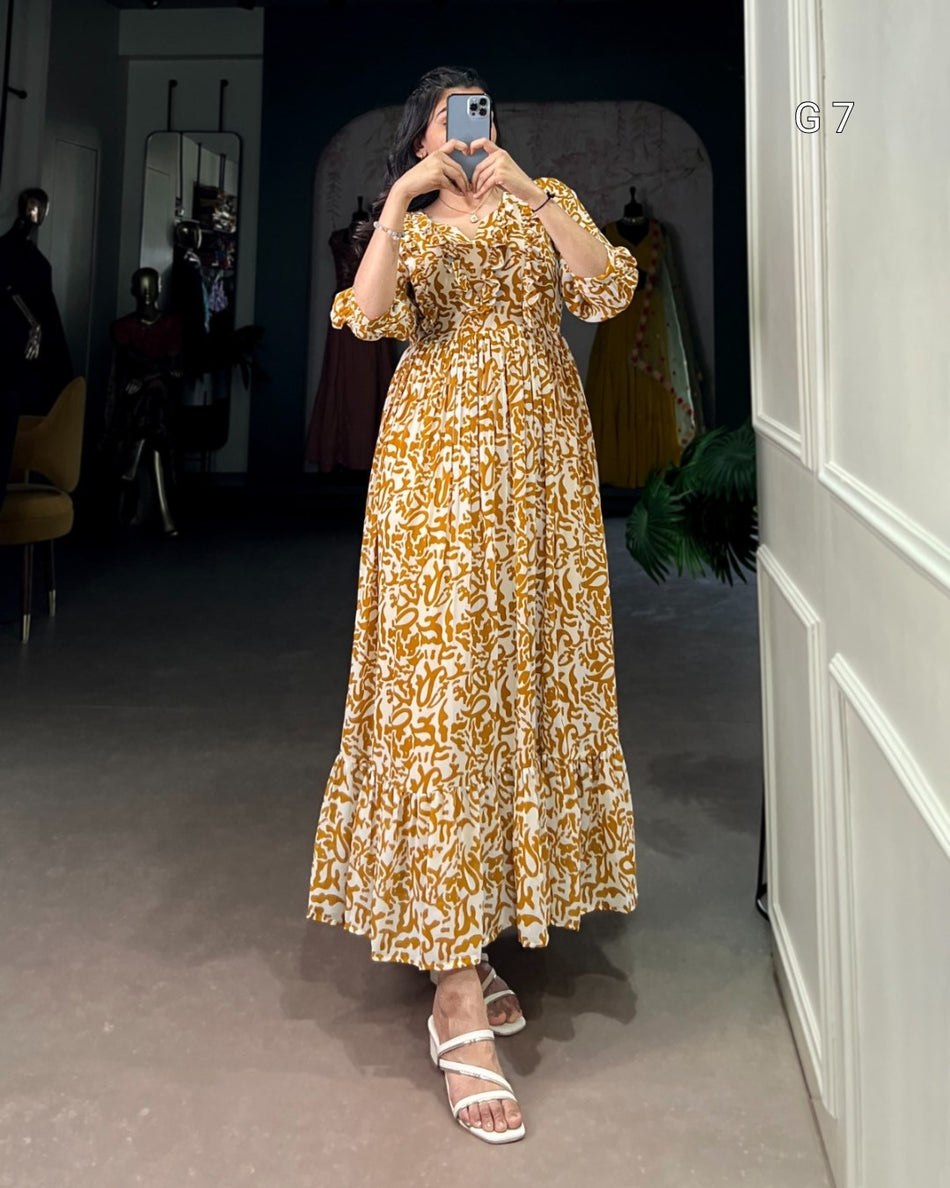 Mustard Georgette Printed Frock with Adjustable Waist – G 7 Mustred