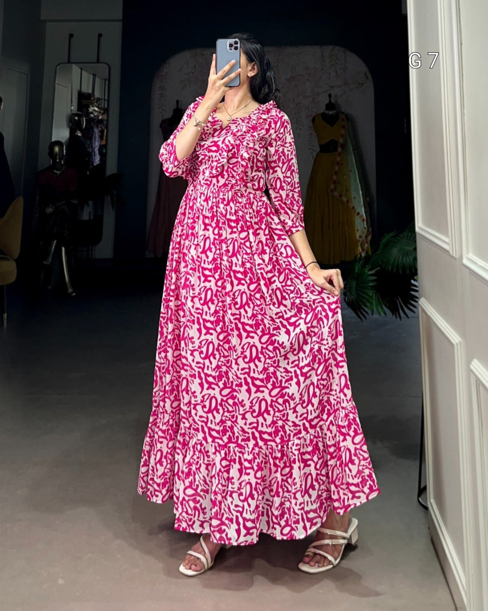 Pink Georgette Printed Frock with Adjustable Waist – G 7 Pink