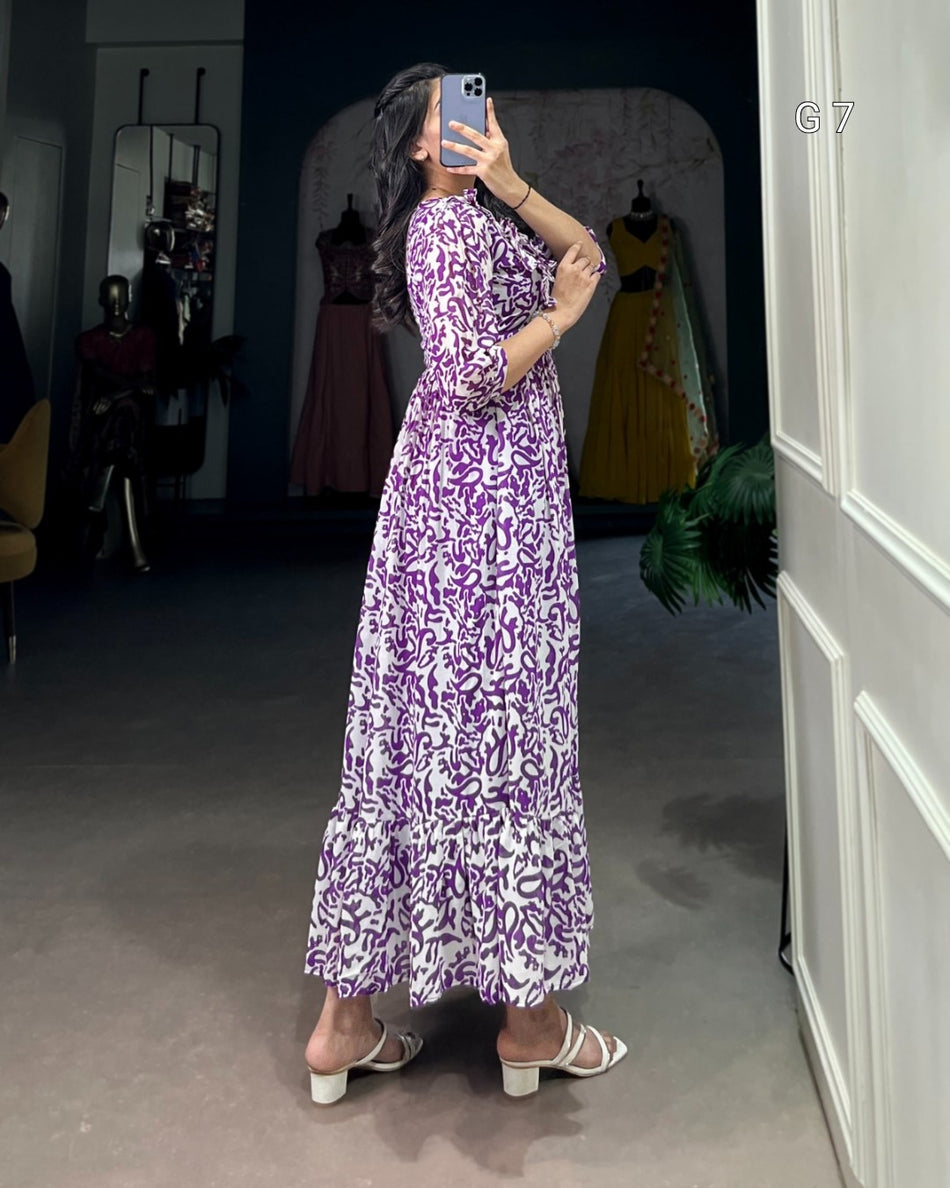 Purple Georgette Printed Frock with Adjustable Waist – Elegant Flair Design