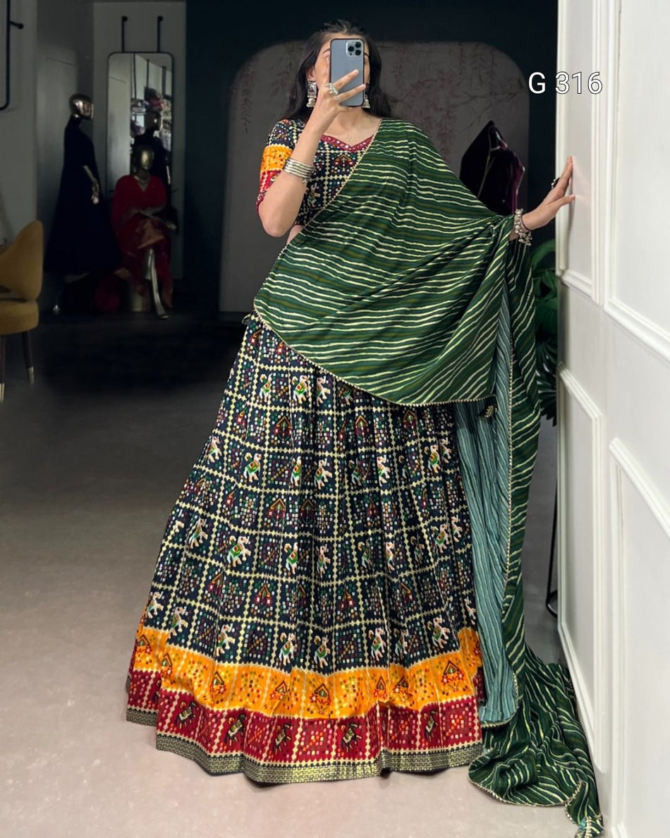 Printed Cotton Lehenga with Foil Work & Paper Mirror Dupatta – G 316