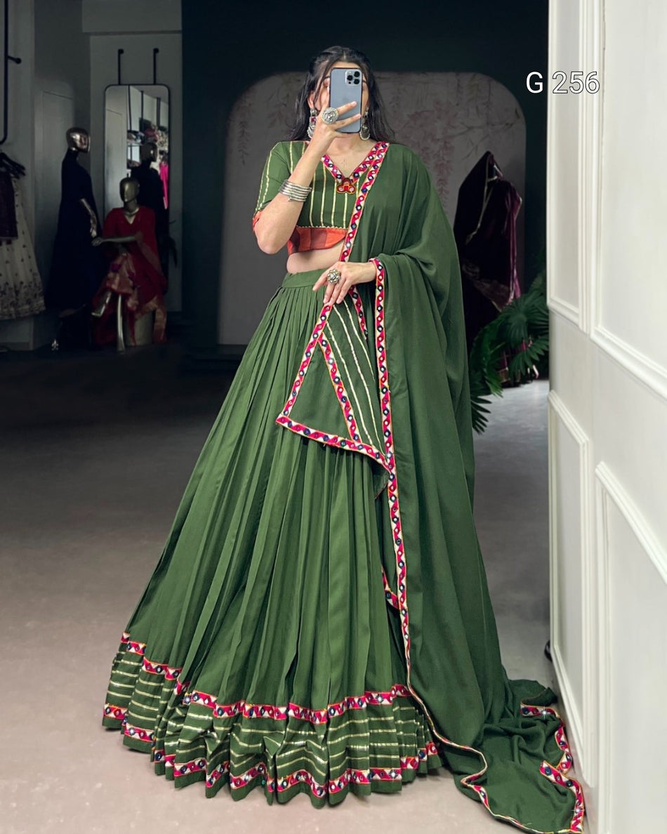 Sequins & Thread Embroidery Gold Crush Lehenga with Lace Border – G 256 Mehendi