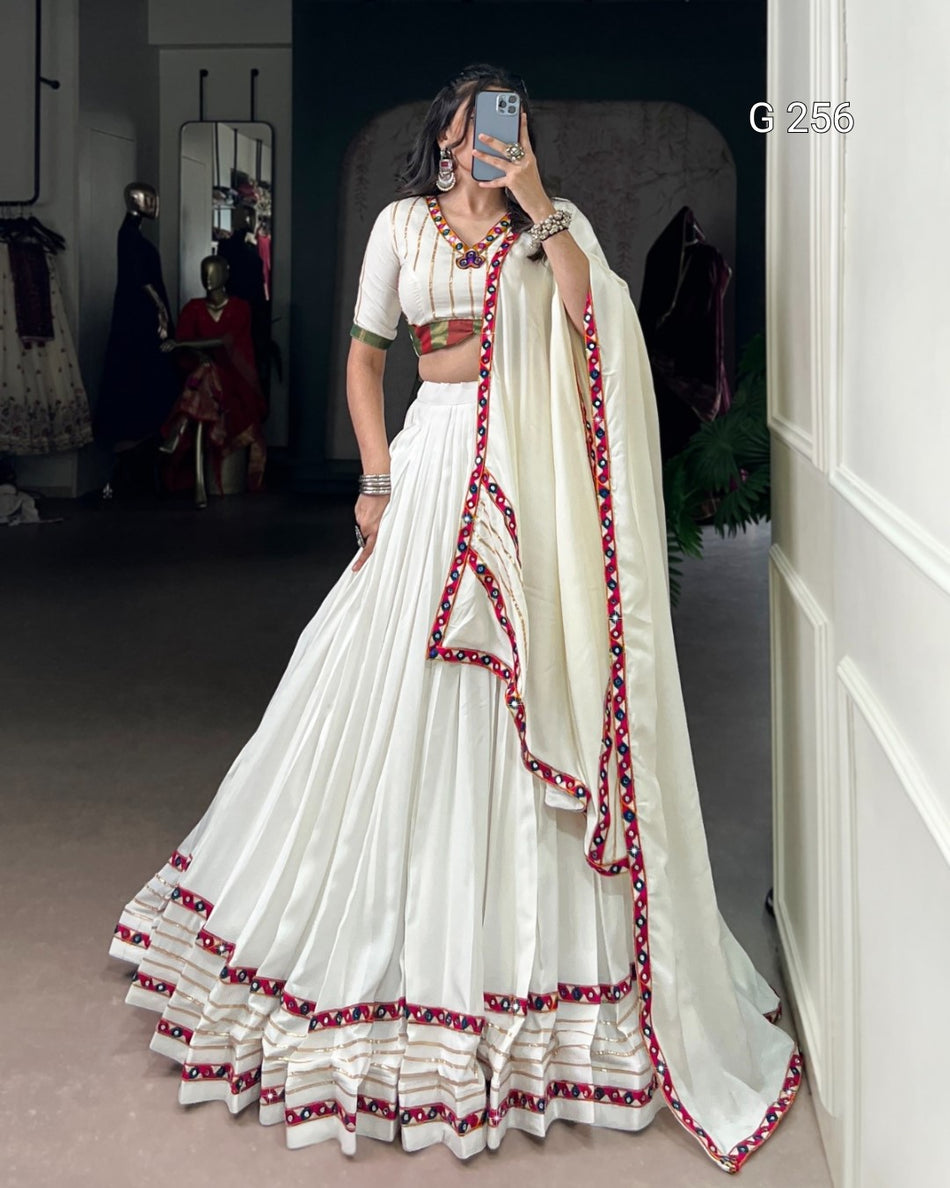 Sequins & Thread Embroidery Gold Crush Lehenga with Lace Border – G 256 White