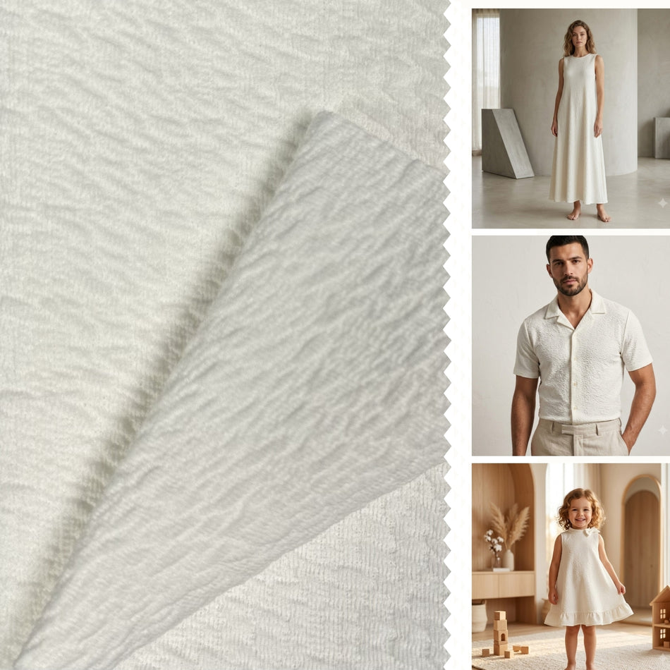 White Crinkle Textured Knit Fabric by Yard, Poly Spandex Stretch Plisse Dimensional Material GF 76