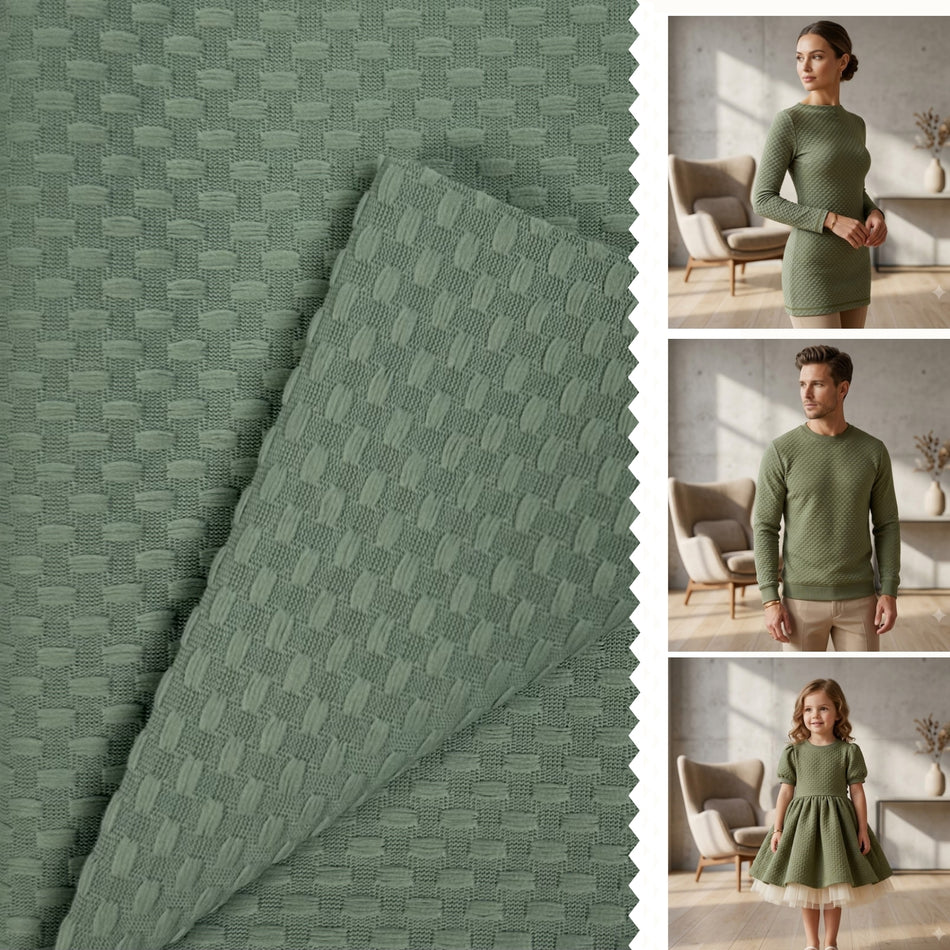 Green Puph Butti Textured Knit Fabric by Yard, Poly Spandex Stretch Motif Material- GF 15