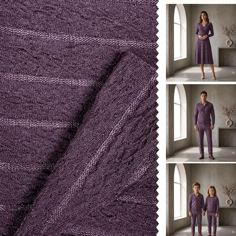 Dark Purple Crinkle Stripe Knit Fabric by Yard, Poly Spandex Stretch Textured Ribbon Rib Material- GF 25
