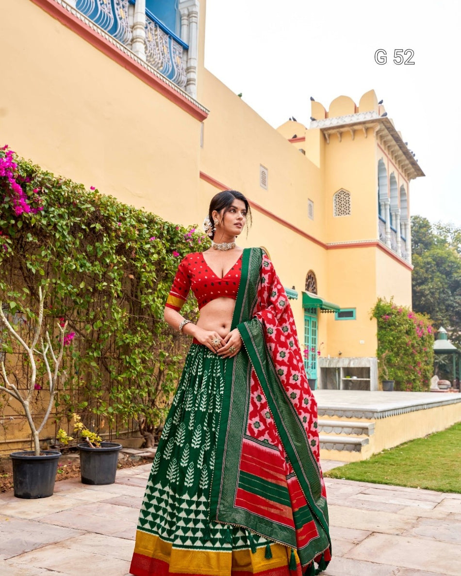 Tussar Silk Lehenga with Foil Print & Heavy Tassels – G 52 Green