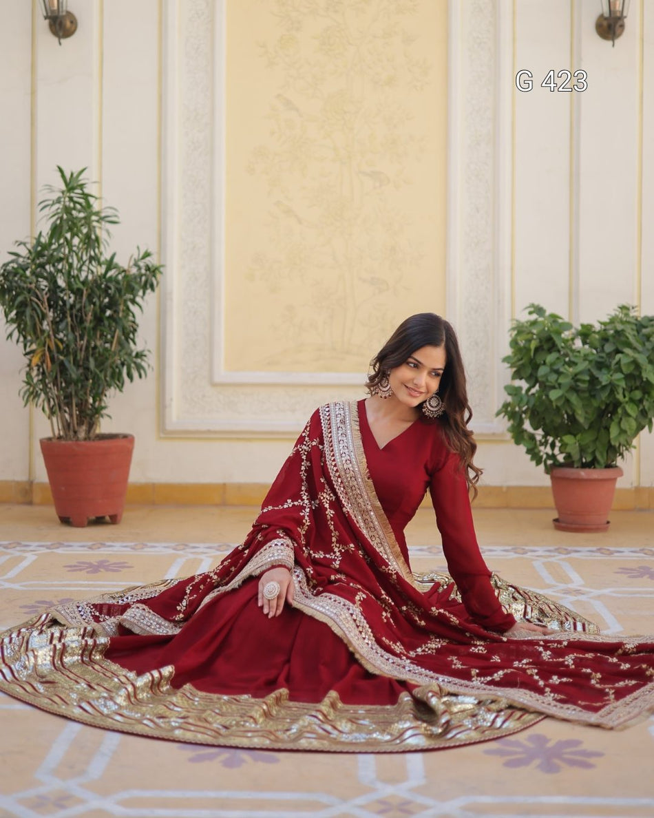 Faux Blooming Embroidered Gown with Sequins Dupatta – G 423 Maroon