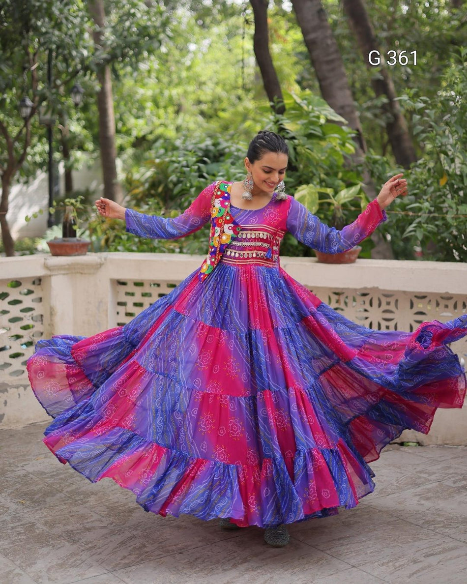 Faux Georgette Gown with Laheriya & Bandhej Print – G 361