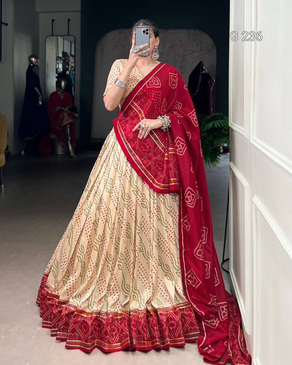 Bandhej Print Tasar Silk Lehenga with Gotta Patti Lace – G 236