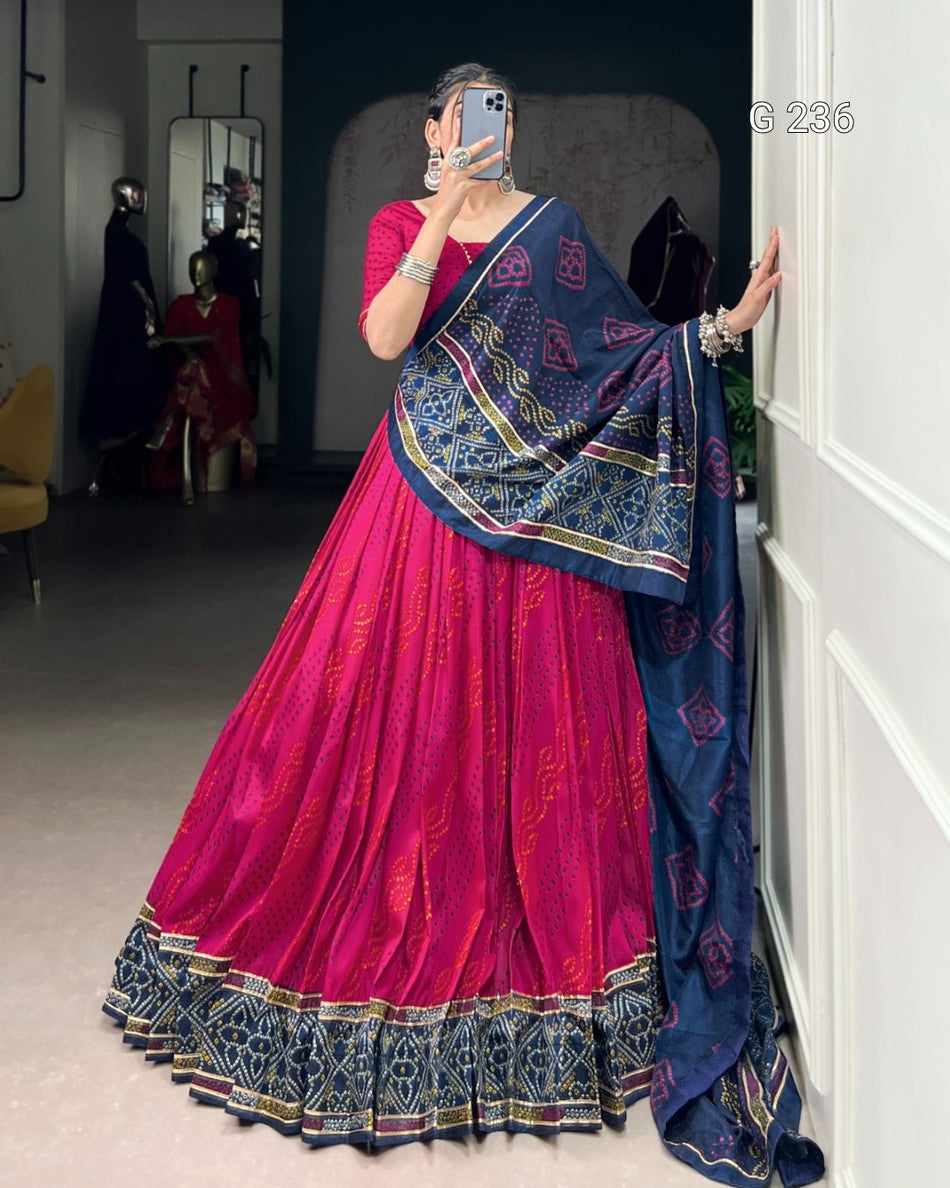 Bandhej Print Tasar Silk Lehenga with Gotta Patti Lace – G 236 Pink
