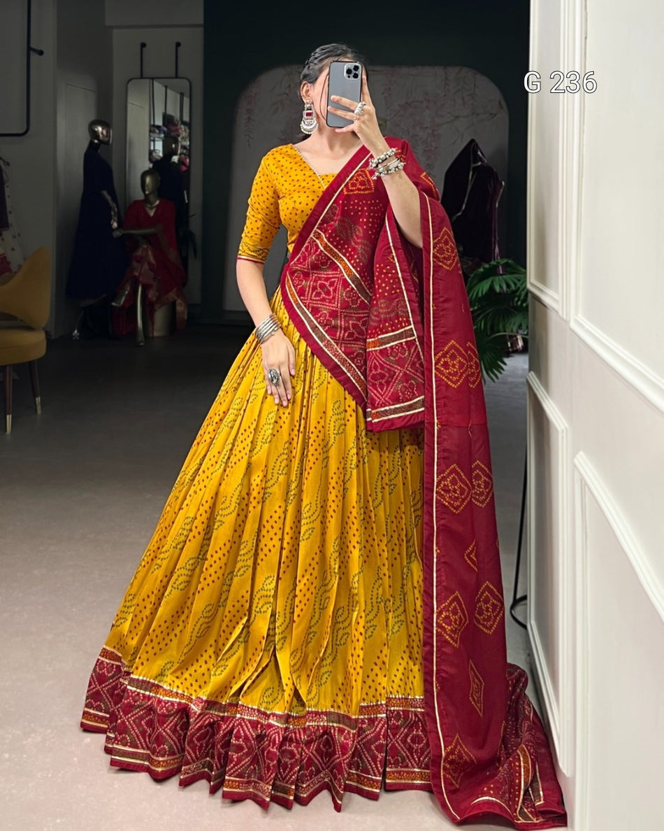 Bandhej Print Tasar Silk Lehenga with Gotta Patti Lace – G 236 Yellow