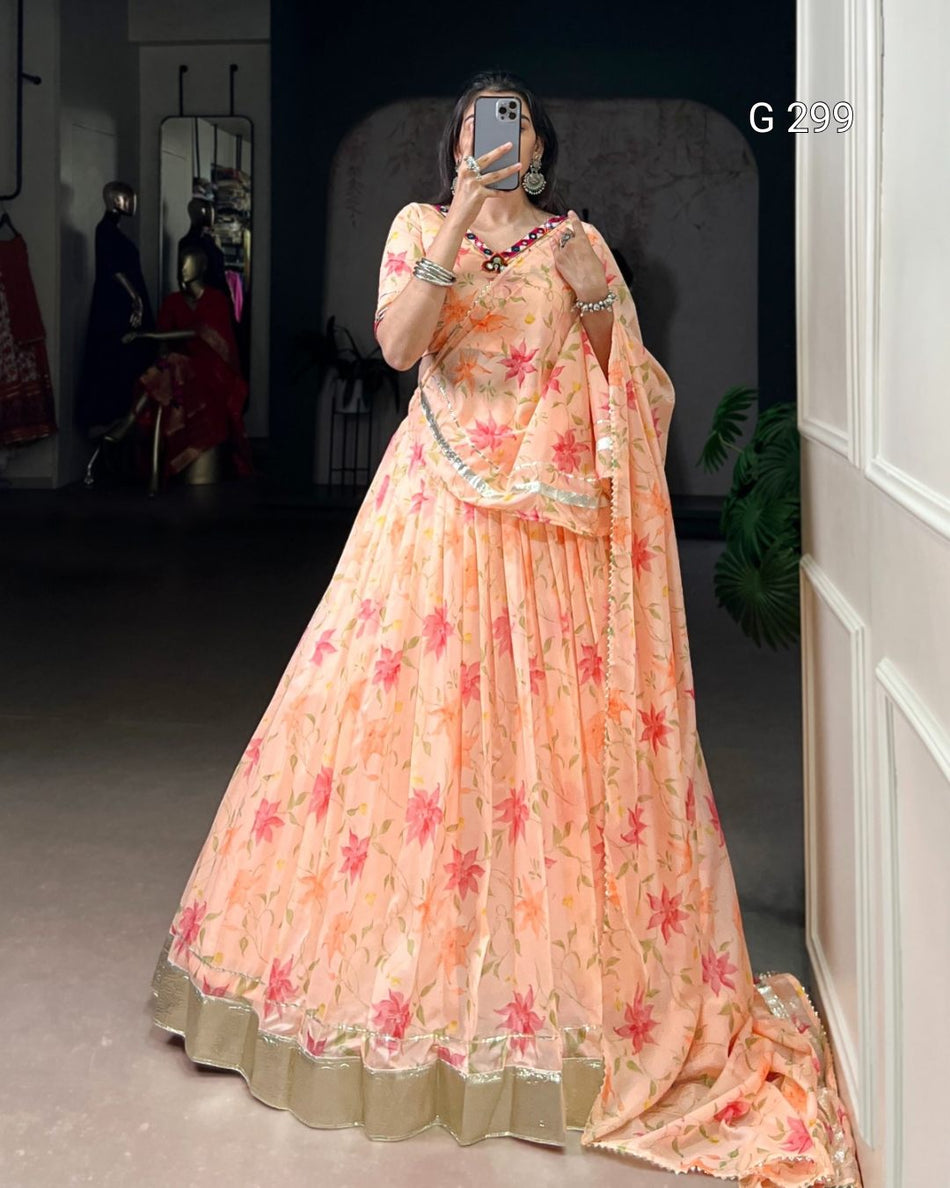 Floral Print Tabby Silk Lehenga with Lace & Mirror Work – G 299