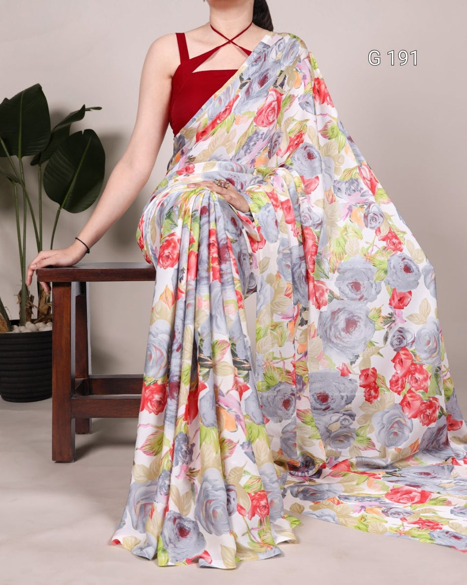 Dull Satin Floral Printed Saree with Moonga Silk Blouse – G 191
